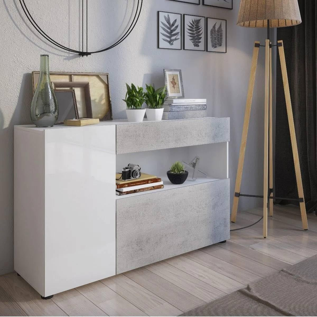 Credenza Contenitore con 1 Cassetto e 2 Ante Bianco Effetto Cemento