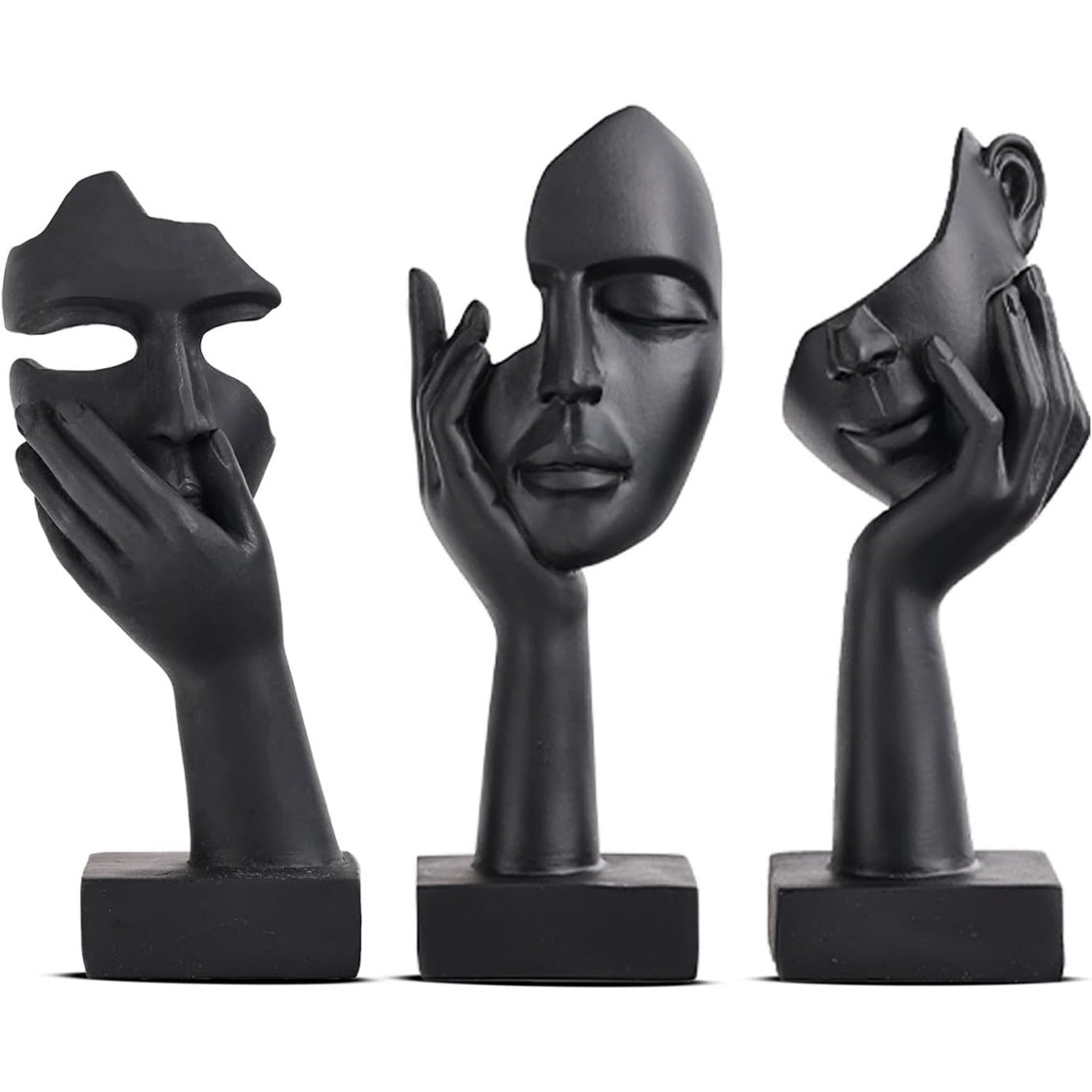 Set di 3 Statue Decorative con Volto Femminile in Resina Nera per Casa Ufficio e Libreria