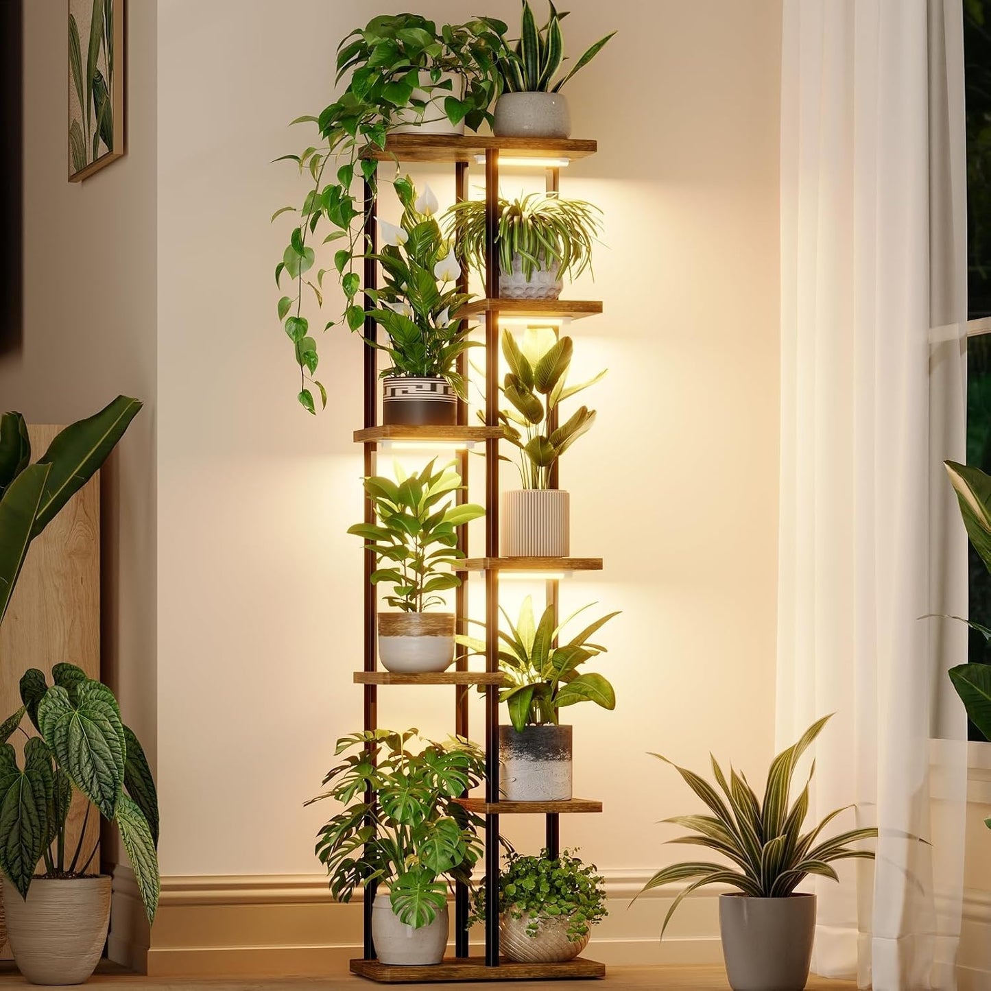 Porta Piante Angolare a 7 Ripiani con Luce per Piante Scaffale in Metallo e Legno per Interni Esterni Soggiorno Patio