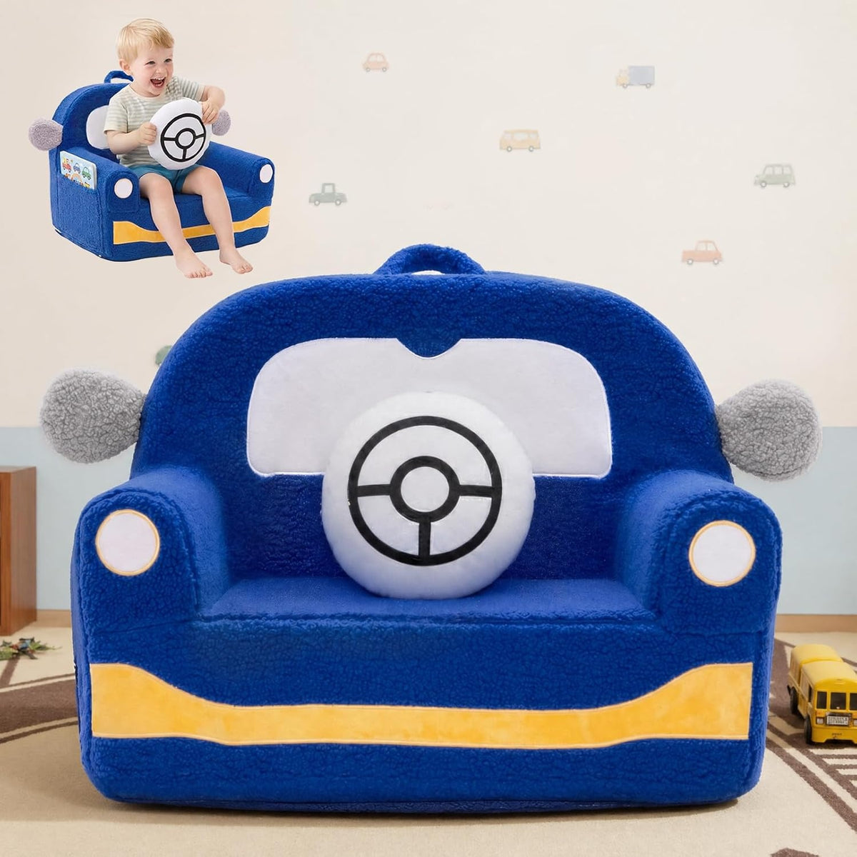 Poltroncina Sherpa per Bambini con Mini Cuscino Integrato Colore Blu Auto