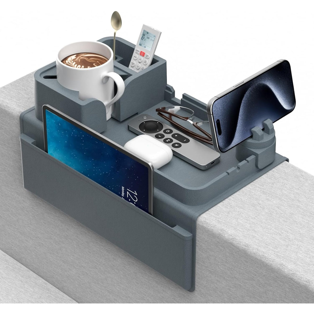 Porta Tazza da Bracciolo con Tasche Portaoggetti per Telecomando Telefono Tablet e Snack