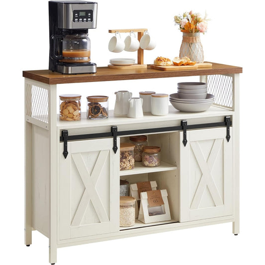 Credenza in Stile Country con Ante Scorrevoli e Ripiani Regolabili Bianco e Marrone Miele