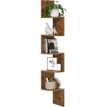 Libreria Angolare da Parete a 5 Ripiani per Camera da Letto Soggiorno Bagno Studio Porta Piante Marrone Vintage