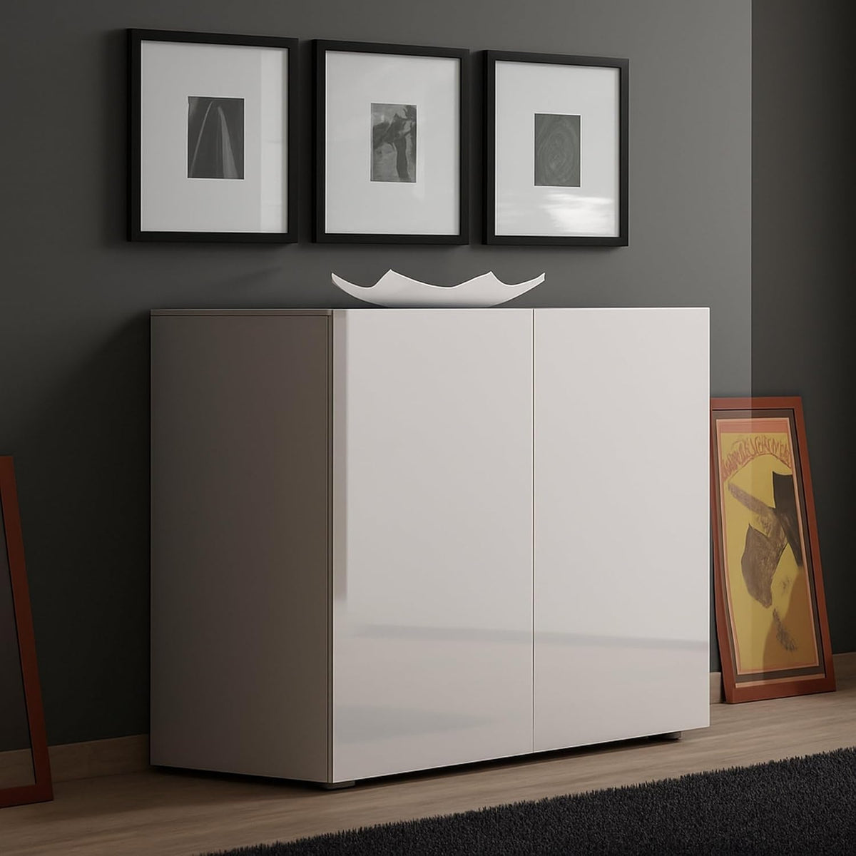 Credenza Moderna Buffet con Ante e Ripiani Bianco Lucido