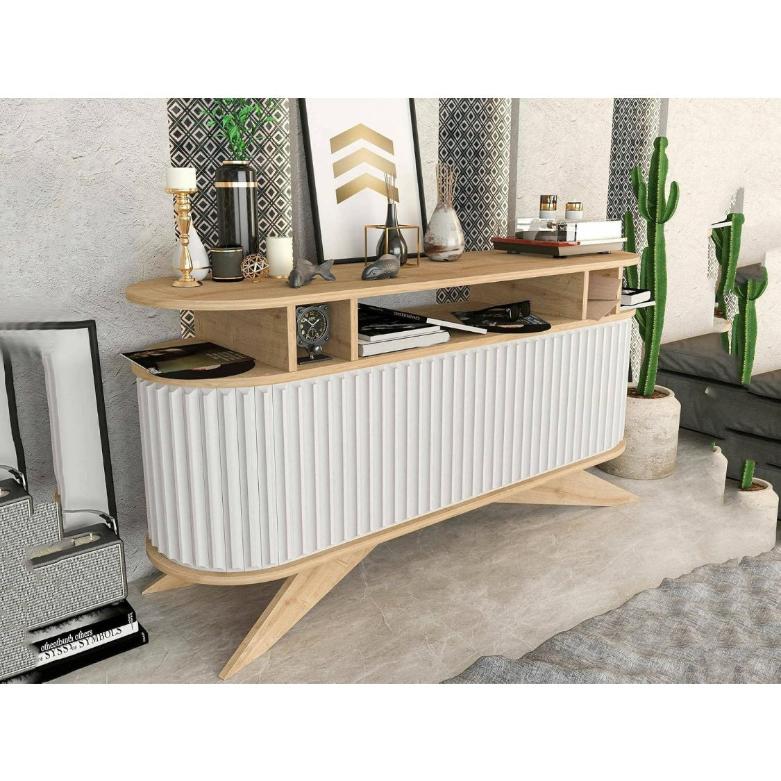 Credenza Buffet con Ampio Spazio Contenitore Quercia e Bianco 150 x 43 x 75 cm