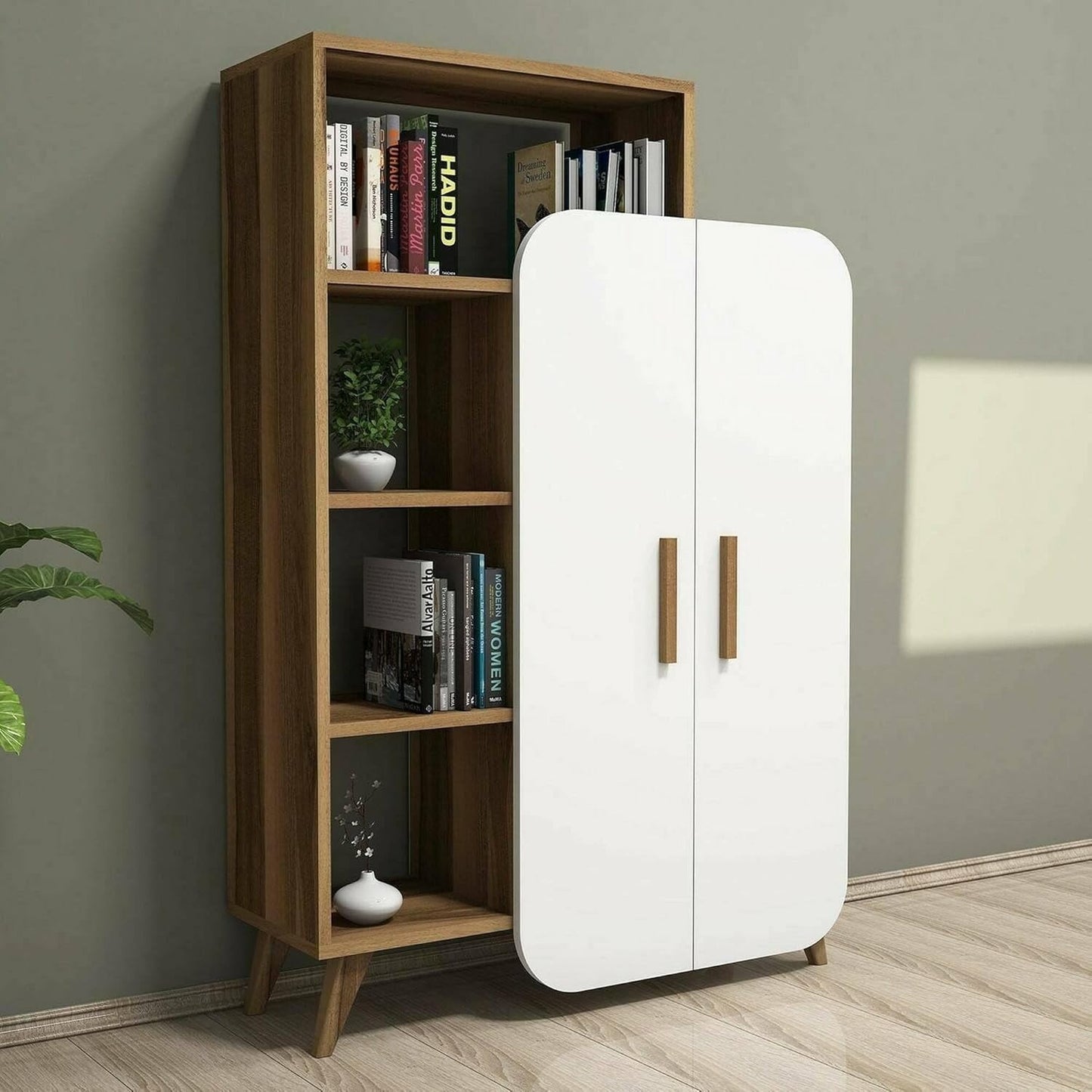 Credenza Buffet con Ripiani Noce e Bianco 90 x 32 x 132 cm