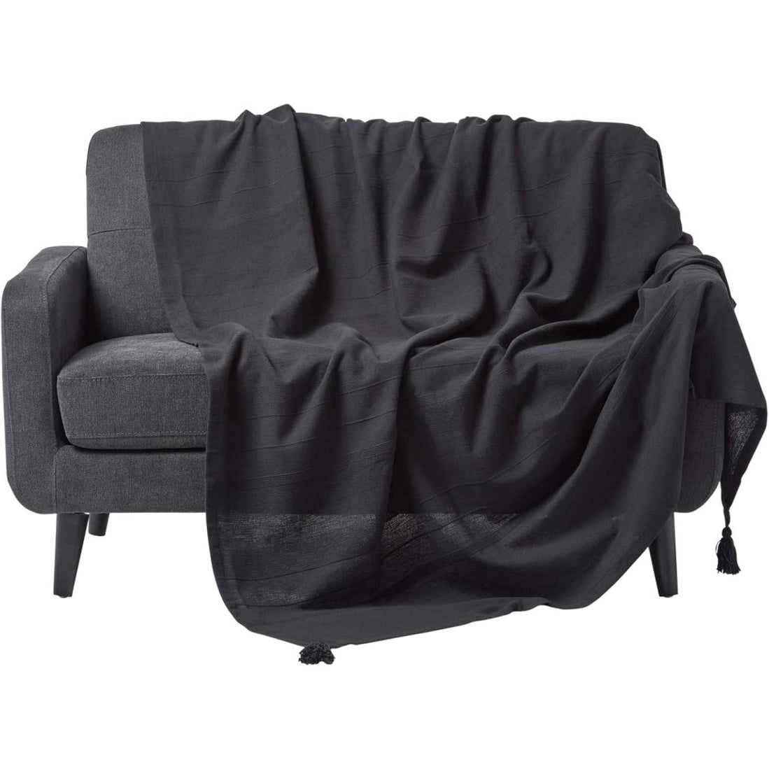 Copridivano Jacquard in Cotone Nero con Frange Decorative per Divano 3 Posti