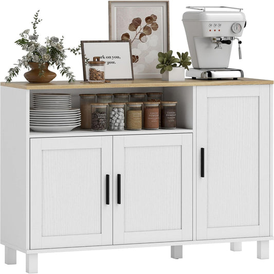 Credenza Moderna con Ante Ammortizzate Ripiano Regolabile e Vano Aperto Bianca