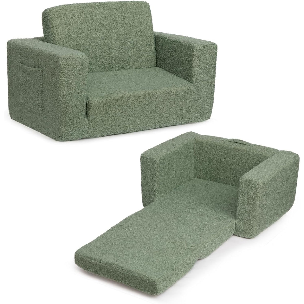 Divanetto Apribile 2 in 1 per Bambini in Tessuto Peluche Verde Alloro