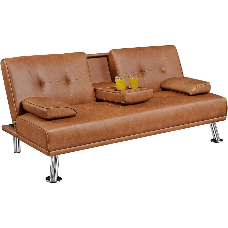 Divano Letto 3 in 1 in Ecopelle con 2 Cuscini e Portabicchieri Marrone