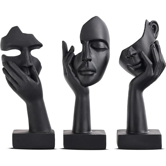 Set di 3 Statue Decorative con Volto Femminile in Resina Nera per Casa Ufficio e Libreria