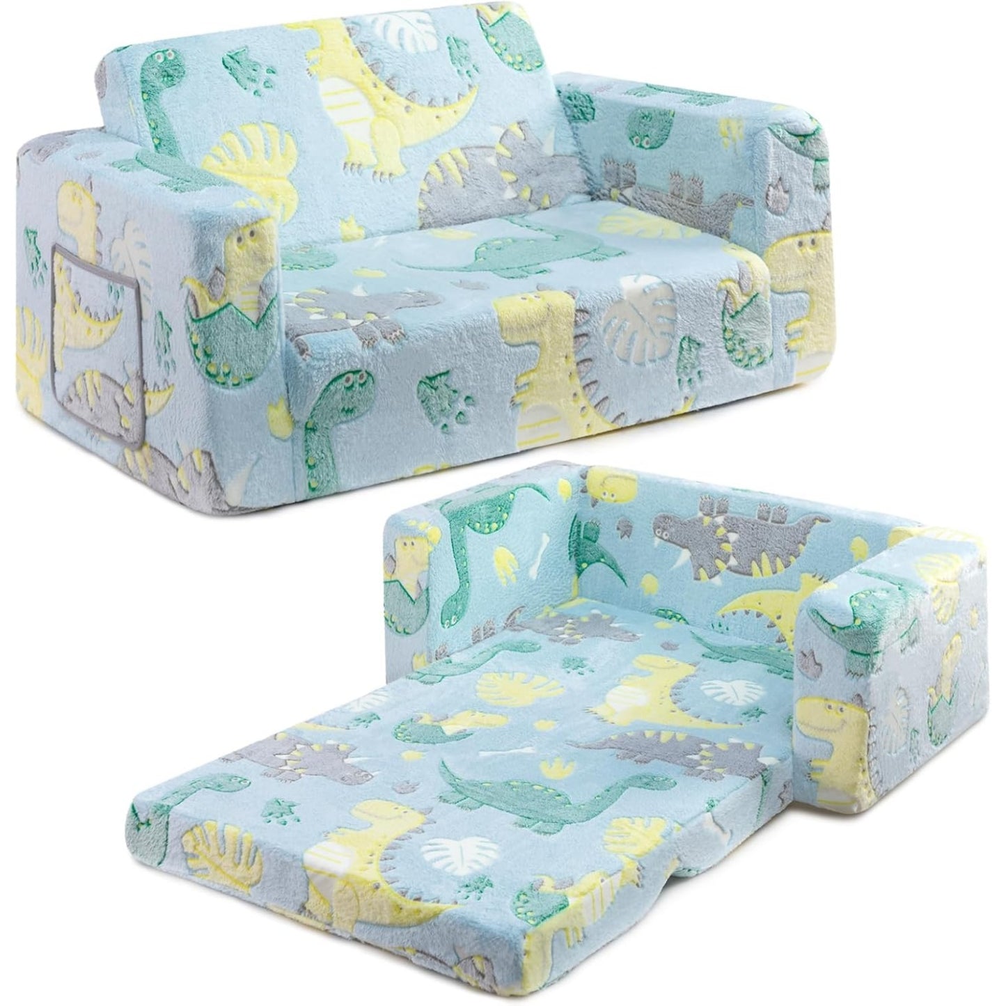 Divanetto per Bambini 2 in 1 Convertibile in Lettino con Rivestimento Sherpa Fantasia Dinosauro