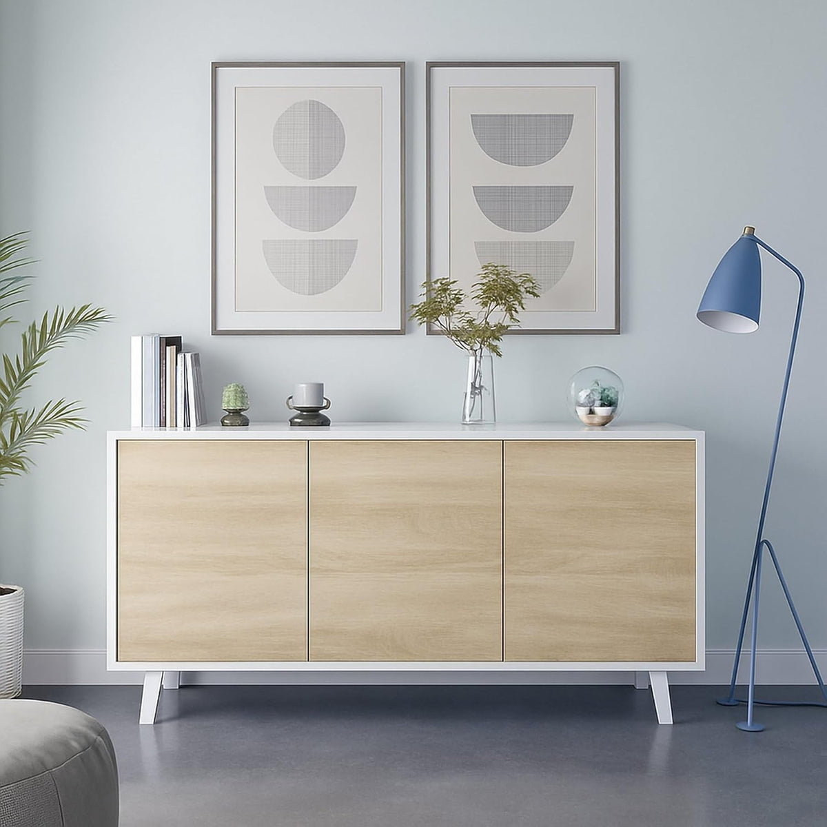 Credenza Moderna con 3 Ante e Ripiani Bianco e Rovere