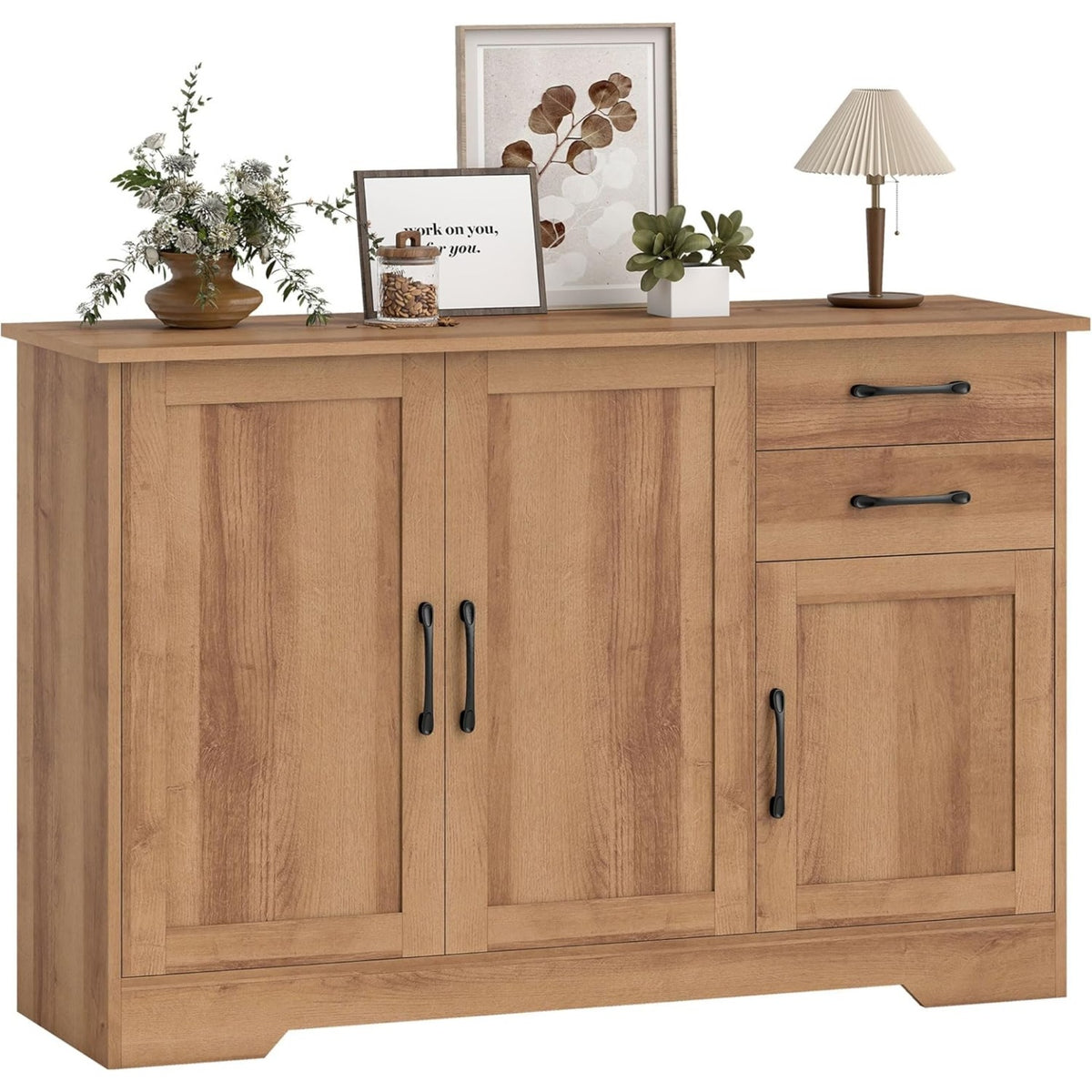Credenza da Cucina con 2 Cassetti 2 Armadietti e Ripiani Regolabili Rovere