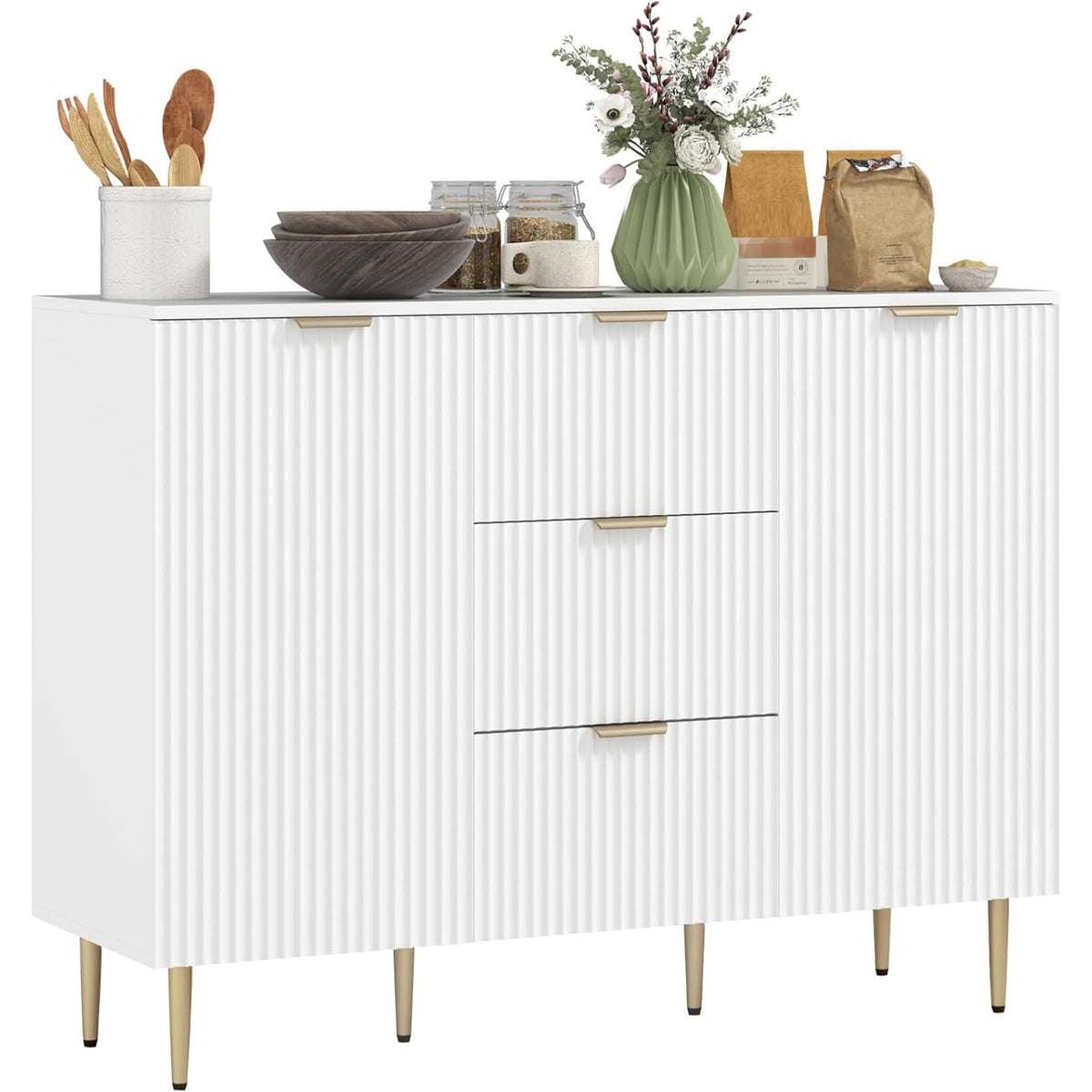 Credenza Buffet con 3 Cassetti 2 Armadietti e Ripiani Regolabili Bianca