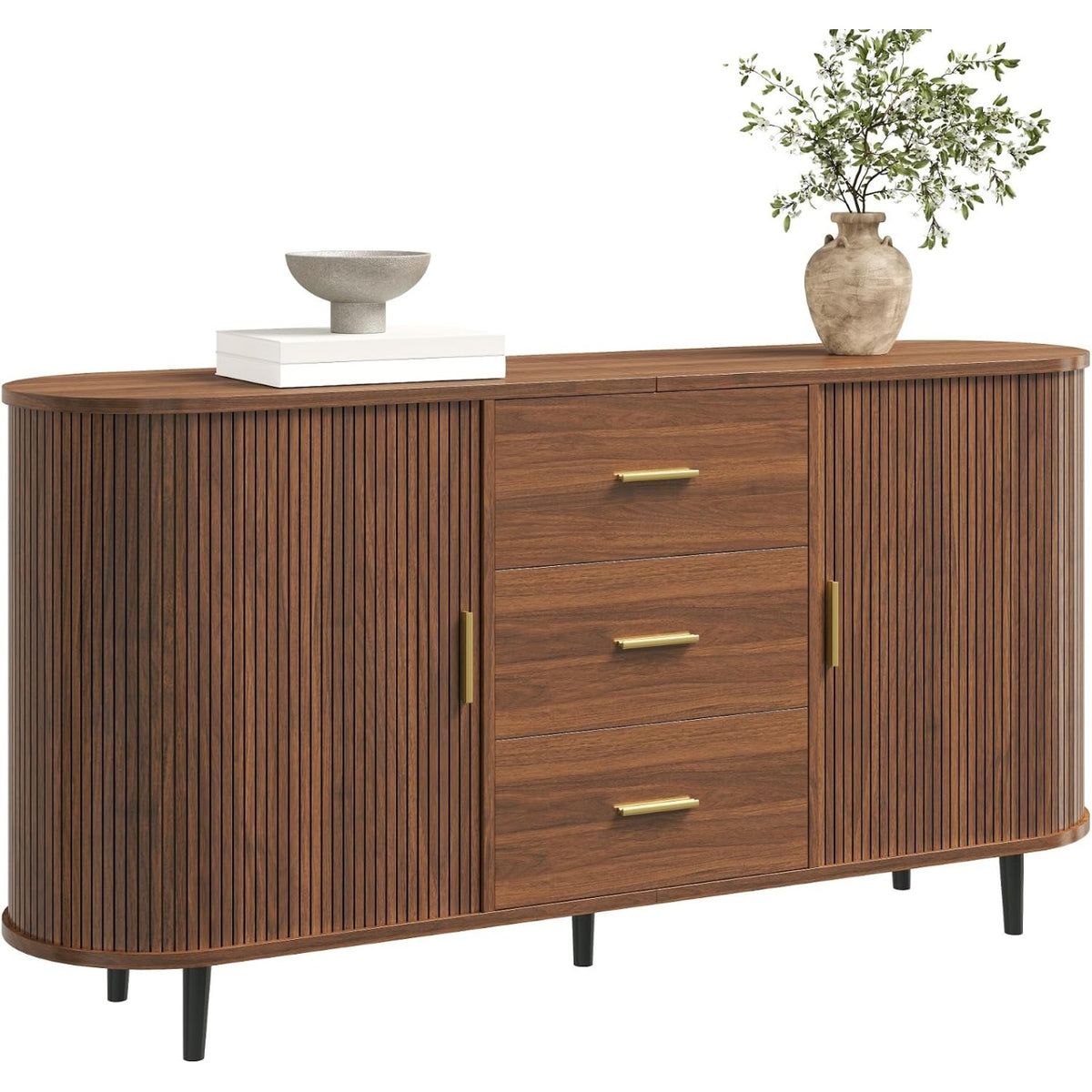Credenza con 3 Cassetti 2 Porte Scorrevoli Maniglie Dorate e Piedi in Metallo Noce